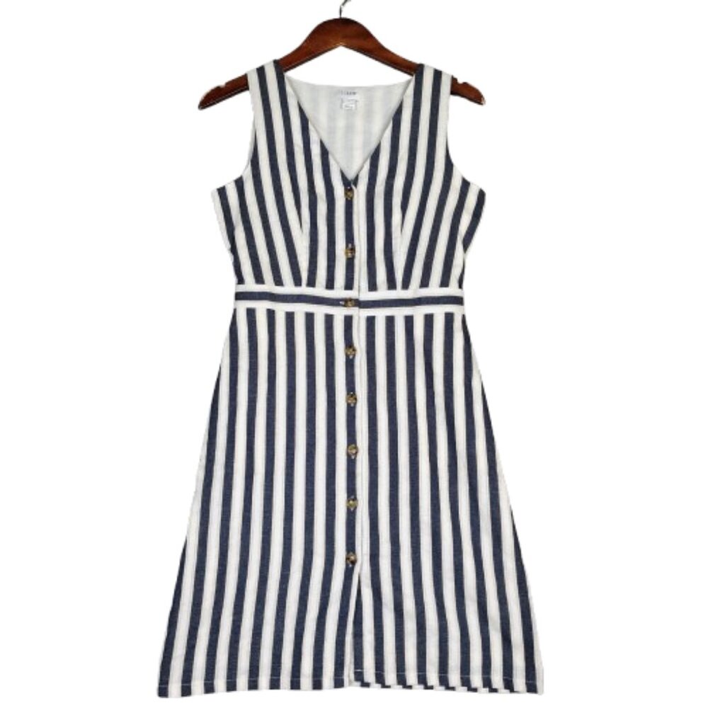 J.Crew Dress Women's 0 Cream Blue Striped Linen Blend Sleeveless Button-Front